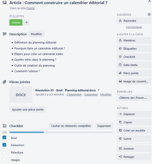 calendrier éditorial - fiche Trello